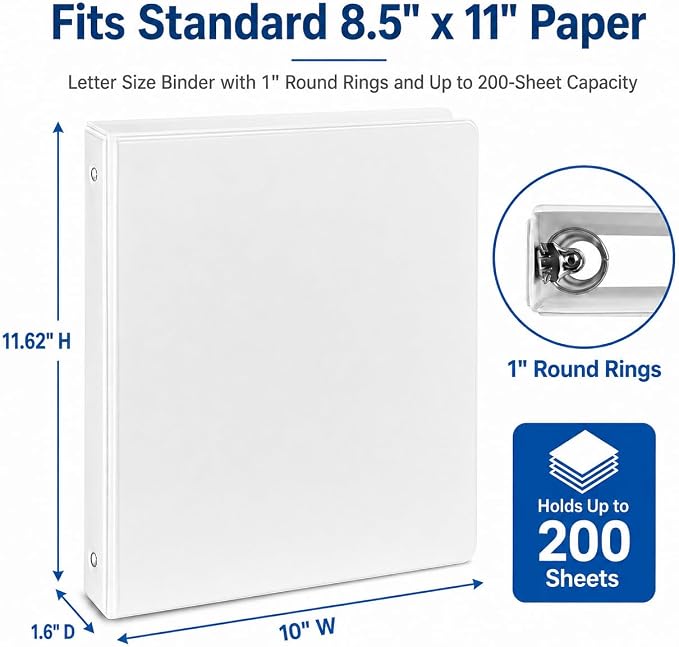 Durable 1 inch 3-Ring Binder, 1" Round Ring Binders with 2 Inside Pockets, Basic 1 in Binders, PVC- Free, Clear View Cover 1-inch-Binder Holds 8.5'' x 11''Paper for Office/School/Home（12 Pack, White