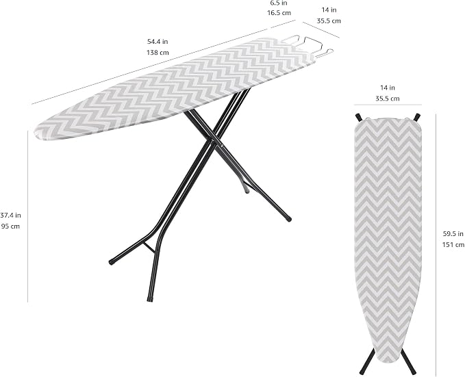 Amazon Basics Height Adjustable Full-Size Foldable Ironing Board, 4-Leg Fold-Up, Chevron Removable Cover, 60" x 14" x 38"