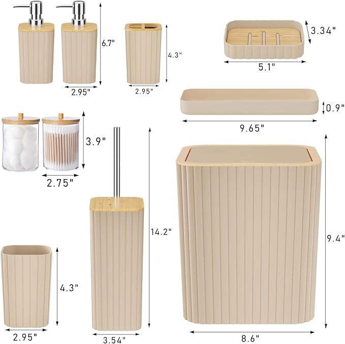 XLHOMO Bathroom Accessories Set - Elegant Beige Bathroom Set, 10PC Bathroom Accessory Set, Toilet Brush, Bathroom Trash Can