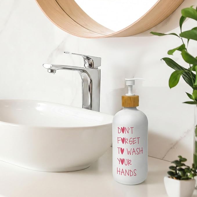 Pink Kids Bathroom Soap Dispenser, Wash Your Hands Glass Dish Soap Dispenser, Trendy Pink Refillable Handsoap Pump Bottle for Teen Girls Bathroom Washroom Countertop