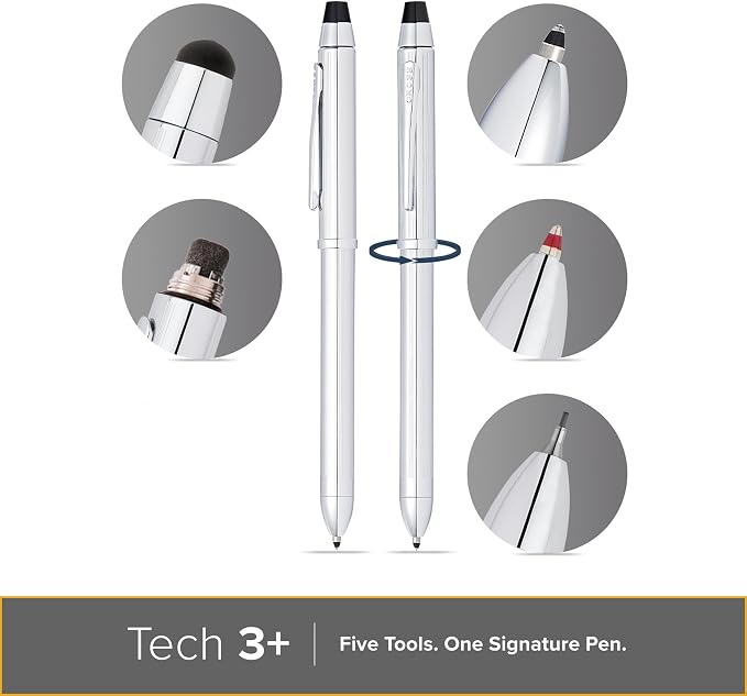 Cross Tech3+ Lustrous Chrome Multifunction Pen - Multifunctional Pen & Pencil for Versatile Use - Multiple Writing Tips - 2-Way Rotation Mechanism - Built-in Stylus - Corporate Gifts - Black Ink