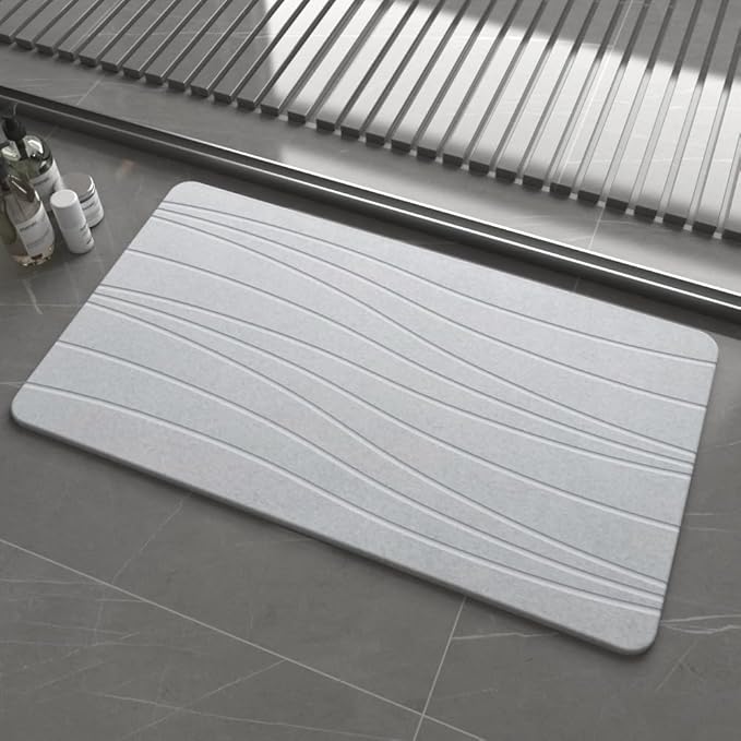 Extra Large Stone Bath Mat, 30'' x 17'' Diatomaceous Earth Non-Slip Stone Shower Mat, Super Absorbent Diatomite Stone Mats for Bathroom Light Gray XL Flow