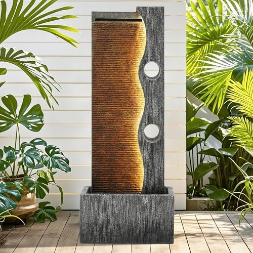 AUTODAYA 39" Zen Faux Slate Outdoor Fountain LED Cascading Waterfall