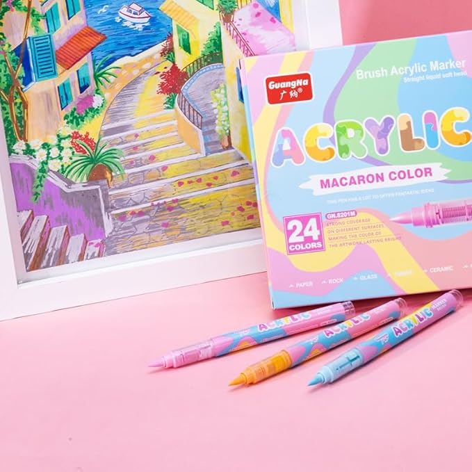 Guangna Water-Based Acrylic Markers Set, 24 Colors acrylic paint markers, Soft Tip Markers, Perfect for Paper, Wood, Rock, Glass, and More, Includes Macaron and Skin Tone