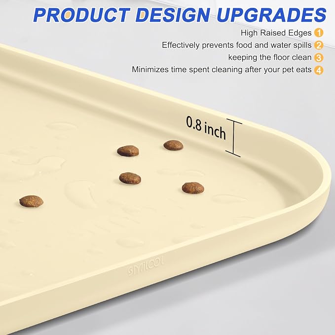 SMILOOL Silicone Pet Food Mat with Raised Edge for Food and Water Bowl, Dog Feeding Mats, Cat Food Trays for Floor Waterproof, Rubber Tray for Dogs and Cats, 22 x 14 x 0.8 White Sand(Yellow Cast)