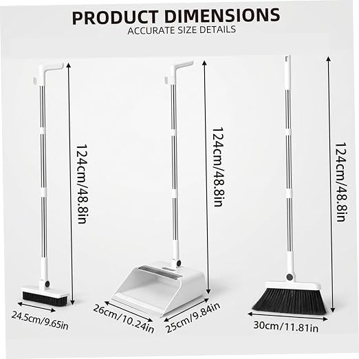 Broom and Dust Pan, Broom and Dustpan Set with Push Brooms, Self-Cleaning Comb & Space-Saving Design for Indoor Outdoor Cleaning (White)