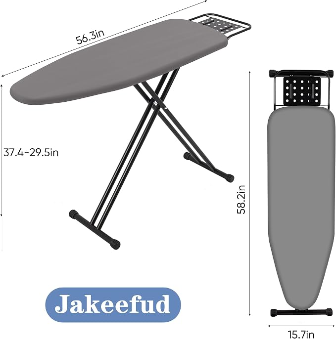 Jakeefud Full Size Ironing Board 47" X 15" with Heat Resistant Cover and Thicken Felt Pad, Safety Iron Rest, Anti-Skid Feet, Height Adjustable, Heavy Duty