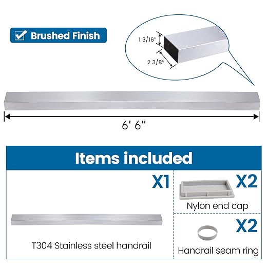 Muzata 6'6" Stainless Steel Handrail Brushed Rectangular Handrail Top Rail Cable Railing System Deck Stair Indoor Outdoor, HT10 SL4