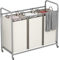 LINZINAR 3 Section Laundry Hamper, Beige Laundry Basket 135L Laundry Sorter | Laundry Room Organization with Heavy Duty Rolling Lockable Wheels and Removable Bag, Bedroom Laundry Cart for Clothes Storage