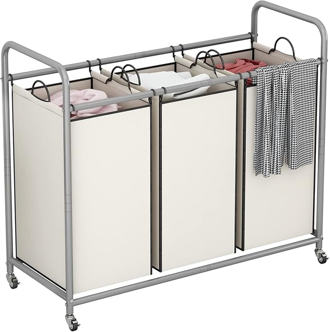 LINZINAR 3 Section Laundry Hamper, Beige Laundry Basket 135L Laundry Sorter | Laundry Room Organization with Heavy Duty Rolling Lockable Wheels and Removable Bag, Bedroom Laundry Cart for Clothes Storage