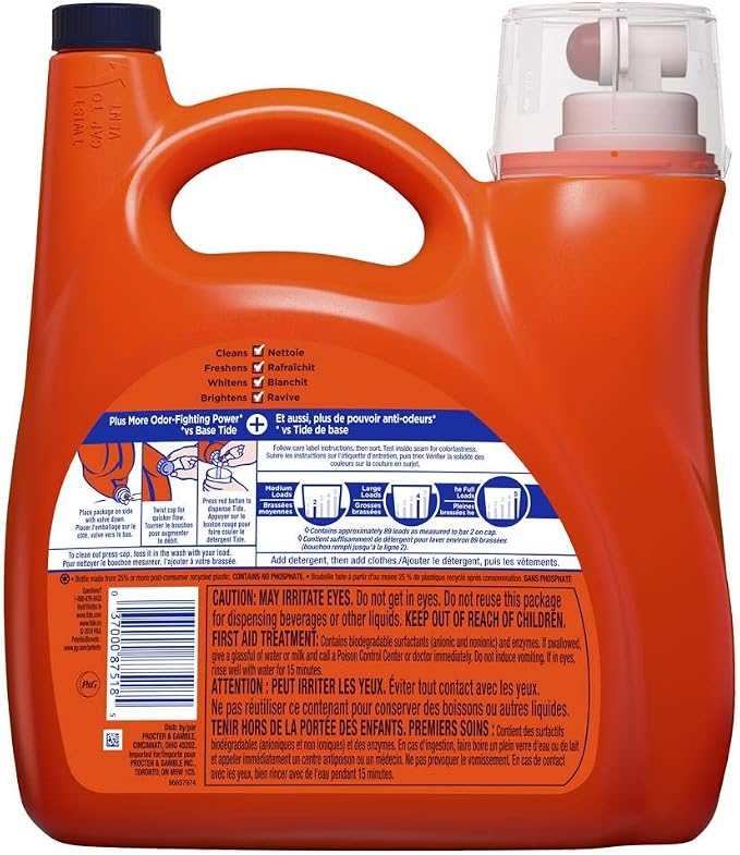 Tide Plus Febreze Fresh Sport Odor Defense HE Turbo Clean Liquid Laundry Detergent, Active Fresh Scent (89 Loads), 138 Fl Oz - Packaging May Vary