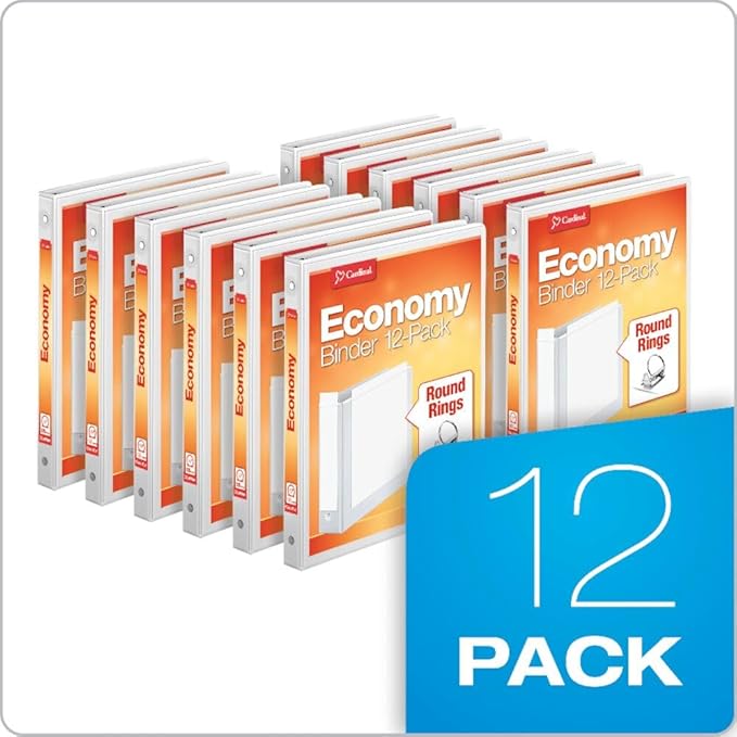 Cardinal 0.5 Inch 3 Ring Binders, White, 12 Pack, Round Ring Binder, Holds 125 Sheets, PVC Free, Customizable Covers, 2 Pocket View Binders for Office and School Organization
