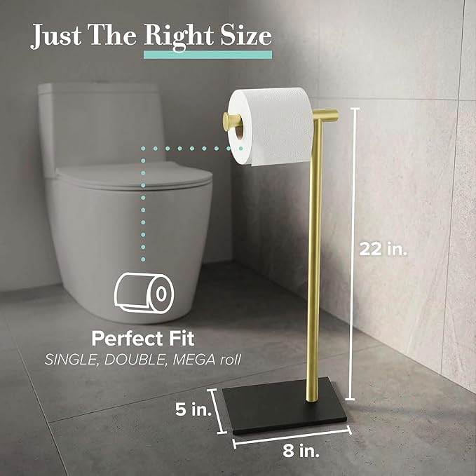 Gatco 1431MXB Modern Rectangle Base Freestanding Toilet Paper Holder, Matte Black/Brushed Brass, Weighted Base, 21.25" Bathroom Tissue Stand
