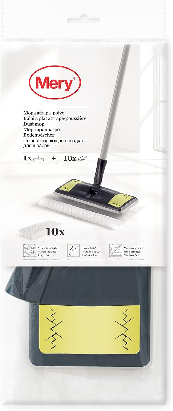 Mery Dust Catcher Mop with 10 Refills, PP,TRP Non Woven, Grey, Lime and White, 28.5 x 10.5 cm, Cloths 29.5 x 21.5 cm