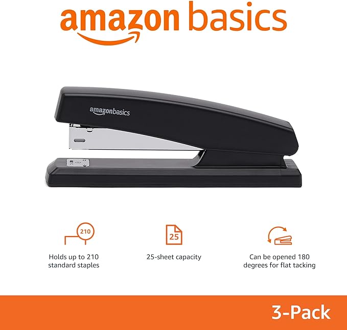 Amazon Basics Desktop Office Stapler, Lightweight, 25 Sheet Capacity, Non-Slip, Black, 3-Pack with 1000 Staples