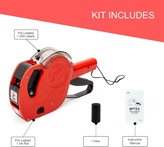 Motex MX-5500 New Version 1 Line 8 Digits Price Tag Gun – Pre-Loaded 1,000 White Sticker Labels and Pre-Loaded Inker with 1 Ink Refill - for Grocery Store, Retail Shop, Garage Sale (Dark Red)