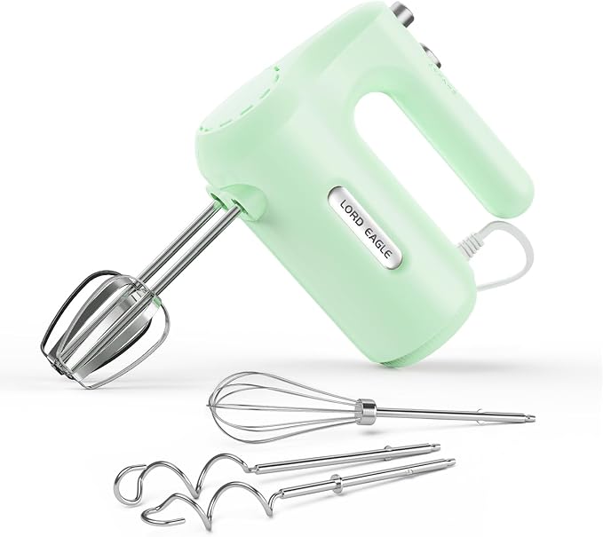 Lord Eagle 5-Speed Hand Mixer Electric, 300W Compact Handheld Mixer, Portable Kitchen Egg Beater with 5 Attachments & Storage Bag, Cake Supplies for Bread Dough Baking, Lightweight, Green