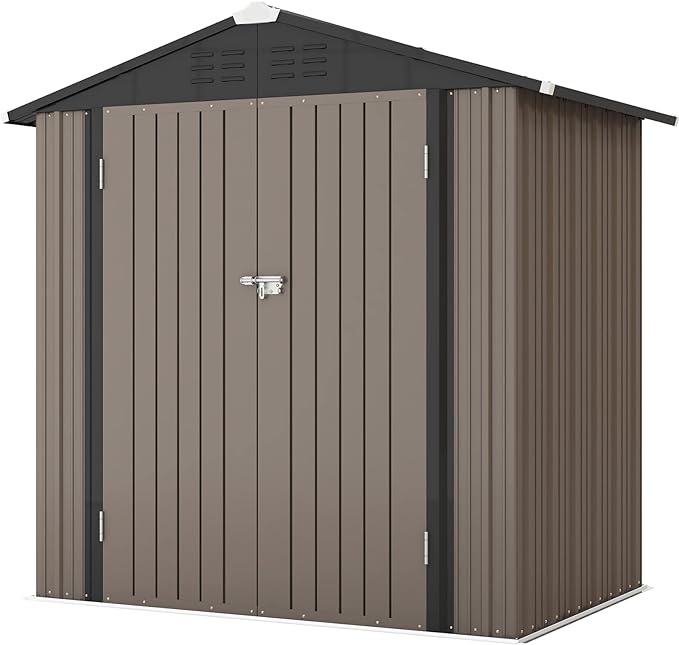 Patiowell 6x4 FT Outdoor Storage Shed, Garden Tool Storage Shed | with Sloping Roof and Double Lockable Door, Outdoor Shed for Garden Backyard Patio Lawn, Brown