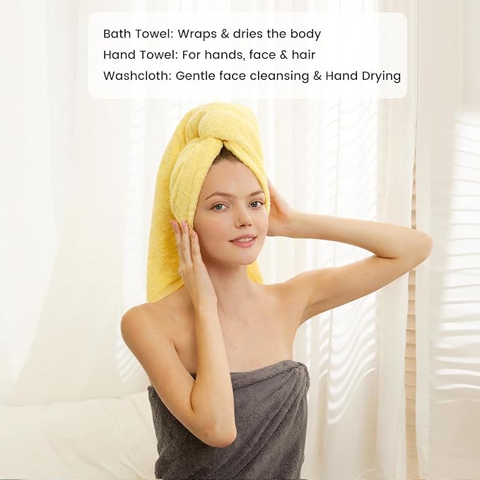 SEMAXE Bath Towel Set, 12 Piece Cotton Towel Set for Bathroom, More Towels for Family Use, Quick Dry with Hanging Loops, Easy Care, Yellow & Gray