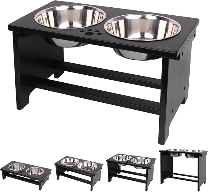 HTB Elevated Dog Bowl Stand with 2 Stainless Steel Bowls-10 H Large Black | Raised Dog Bowl Stand, 10"tall, 48 Oz Bowls, for Large Sized Dogs, Pet-safe, Solid Bamboo
