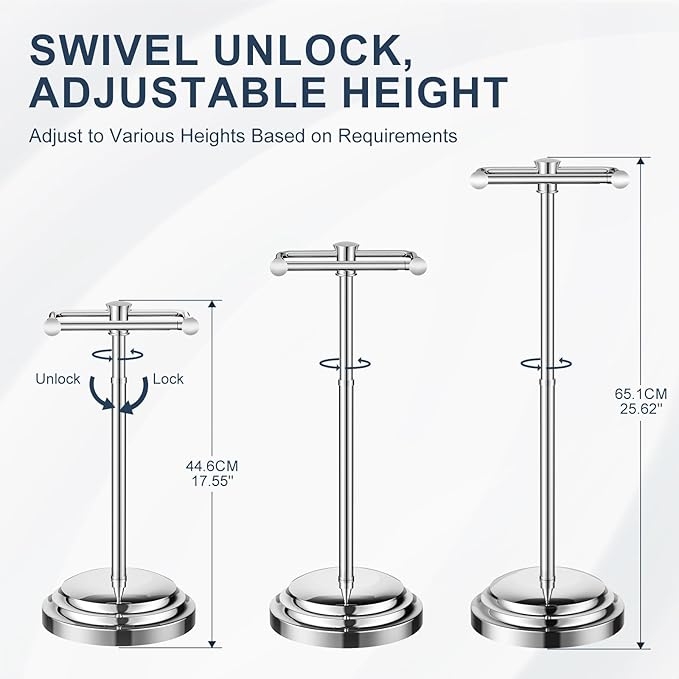 Bathroom Toilet Paper Holder Stand, Polished Chrome Toilet Paper Holder Free Standing, Stainless Steel Pivoting Toilet Tissue Roll Holder，Adjustable Height (14 to 24 Inch) Paper Holder