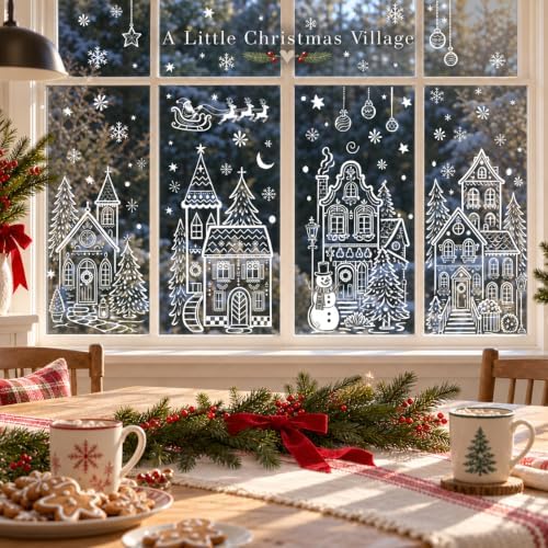 Extra Large Village Christmas Window Clings, Winter White House Stickers