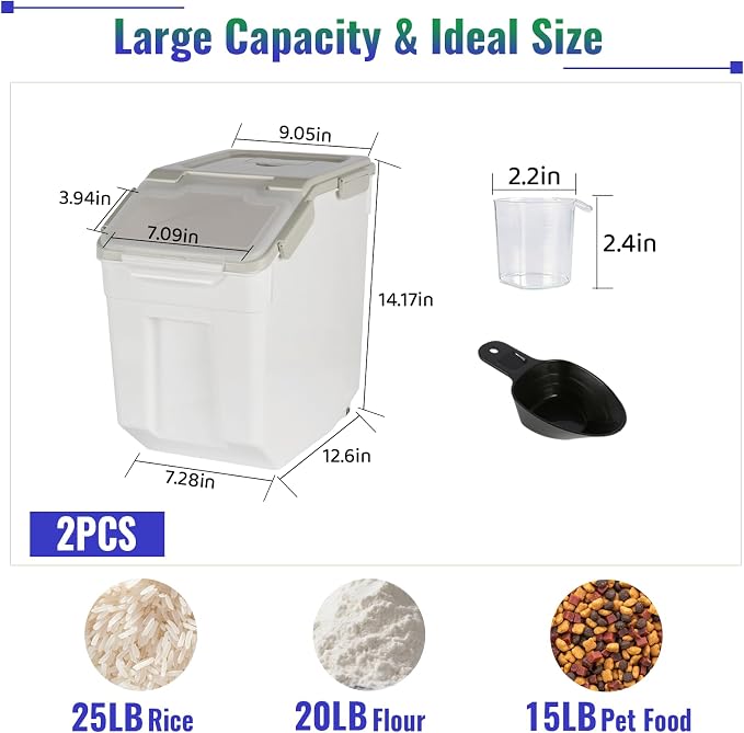 Rice Container 25 lbs Large Bulk Flour Sugar Storage Holdhouse Plastic Grain Cereal Dry Goods Bin with Spoon and Measuring Cup for Kitchen Pantry Organization - Grey