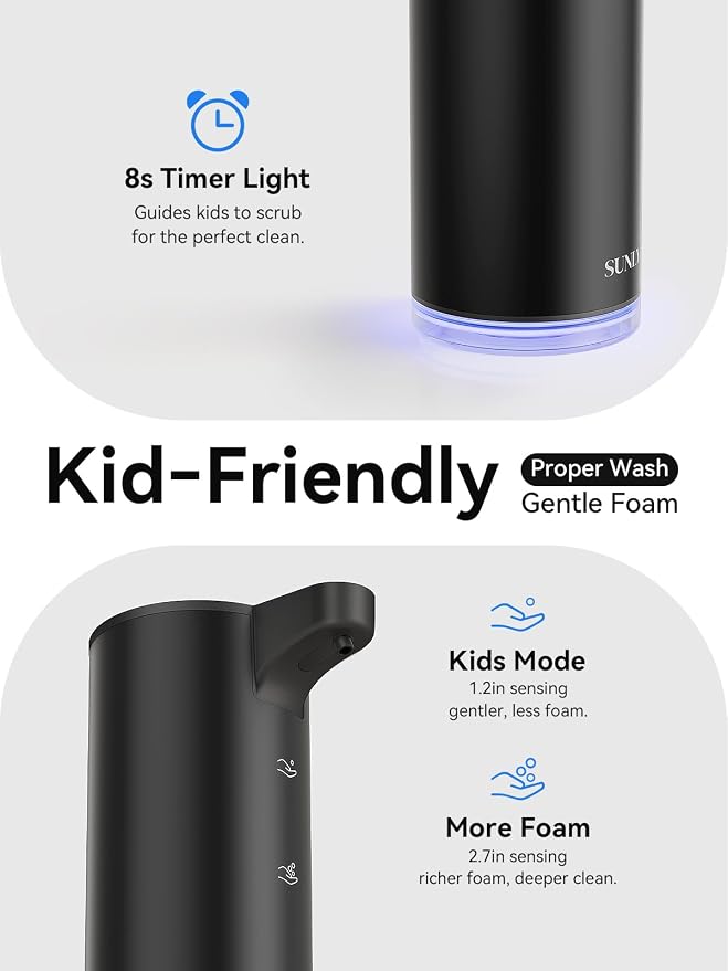 SUNLY Automatic Foam Soap Dispenser, 0.2s Fast Sensor, USB-C Rechargeable, Smudge-Resistant Stainless Steel, Touchless Liquid & Foaming Soap Dispenser for Bathroom, Kitchen, Hotel, Black