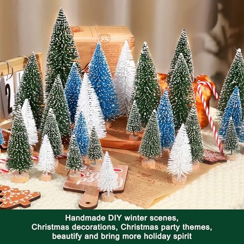 30Pcs Mini Christmas Trees Artificial Christmas Tree Bottle Brush Trees with Wooden Base for Christmas Decor Christmas Party Home Table Craft Decorations(Green+Blue+White)