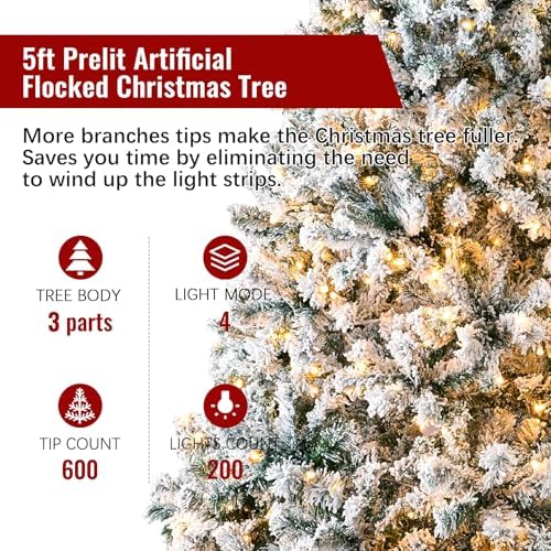 5ft Flocked Prelit Artificial Christmas Tree,Arbol de Navidad Xmas Tree