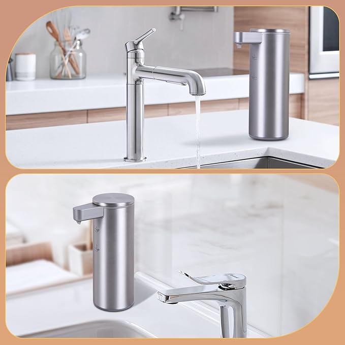 Automatic Soap Dispenser Stainless Steel with Sensor Infrared Soap Dispenser Electric IPX5 Waterproof USB-C Charging Motion Sensor for Kitchen & Bathroom, 9oz (Silver)