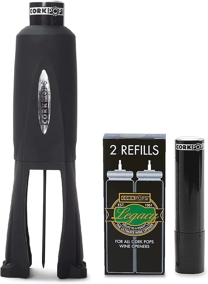 Cork Pops Legacy Wine Opener Built-in 4-Blade Foil Cutter Safe Cork Removal, Effortless Push Button Use, Needle Guard for Safety, Low-Pressure Cartridge Opens Up To 60 (Black, With 3 Cartridges)