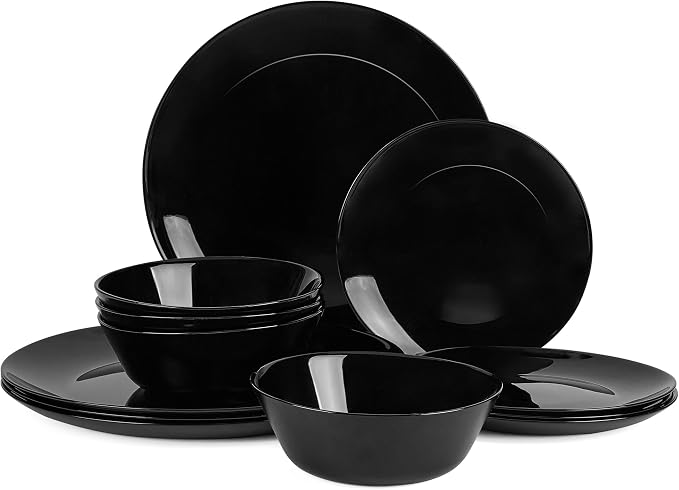 Dinnerware Sets for 4, 12 Piece Black Opal Glass Dish Set | Plates and bowls with dishwasher and microwave safe features, chip and scratch resistant dishware for everyday use