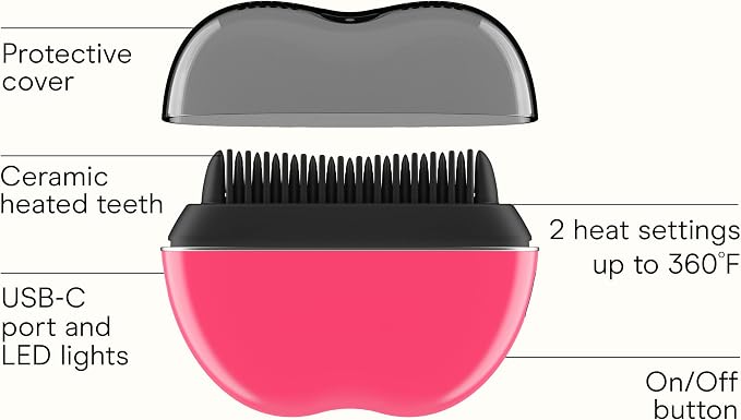 Conair Ceramic Ionic Smoothing Brush, Portable Frizz Control Styling Brush for Shine, 2 Heat Settings up to 360°F, USB-C Rechargeable, Travel-Friendly with Protective Cover, Hot Pink/Black, CR80