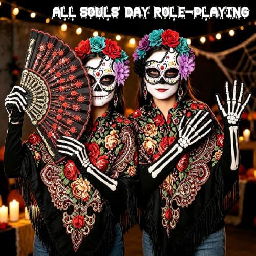 4-Pc Day of the Dead Costume, Mexican Shawl, Sugar Skull Mask, Fan & Gloves