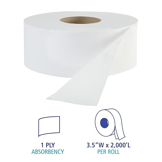 Boardwalk 1-Ply Recycled 9' JRT Fr. Jumbo Roll Toilet Paper, 12-Pack, White, Septic Safe, Compatible with Most Dispensers, Embossed Bath Tissue, 3.3" x 2,000Ft,