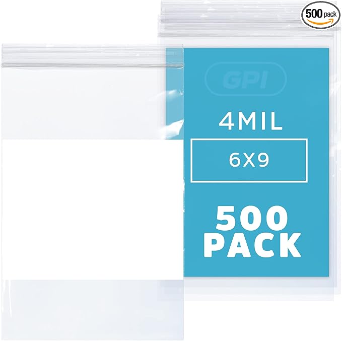 GPI - 6" x 9" - Bulk Pack of 500, 4 Mil Thick, Heavy Duty, Clear Plastic Reclosable Zip Bags, With Write-on White Block for Labeling, Strong & Durable Poly Baggies With Resealable Zipper Top Lock.