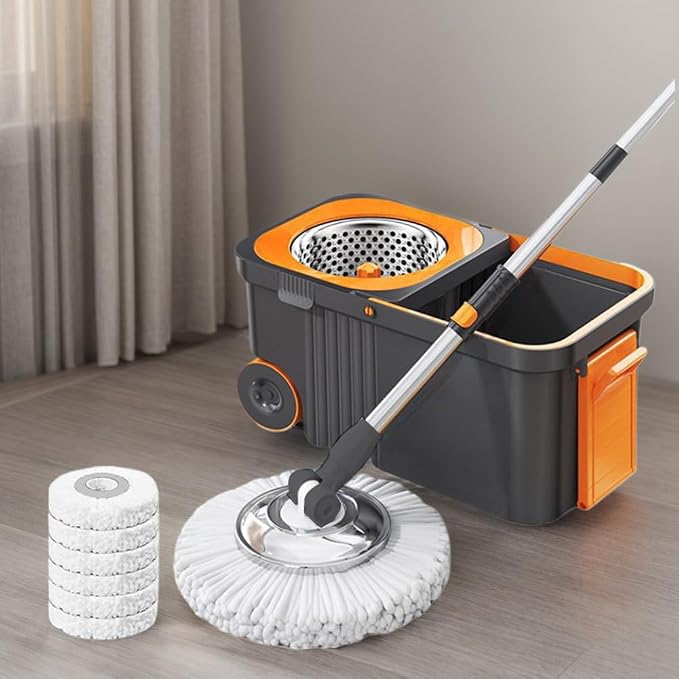 Household Cleaning Automatic with 6 Replacement Head Refills Extended Handle Hand-Free Automatic Dehydration Mop Cleaning with Bucket for Household Floor Cleaning (Grey Orange)