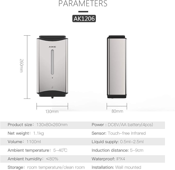 AIKE Heavy Duty Automatic Soap Dispenser,37oz for Bathroom,Polished Steel | 5-Level and Savety Key for Commercial(4*AA Batteries Not Included),Screw Wall Mount for Space-Saving,Stainless Steel AK1206