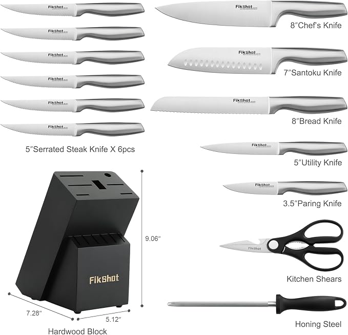 FIKSHOT Kitchen Knife Set, German Stainless Steel kitchen knives | 14-Piece Includes Knife Block Set & Sharpener, High Carbon, Rust-Resistant, Ergonomic Handle for Cooking, Grilling & Gifting