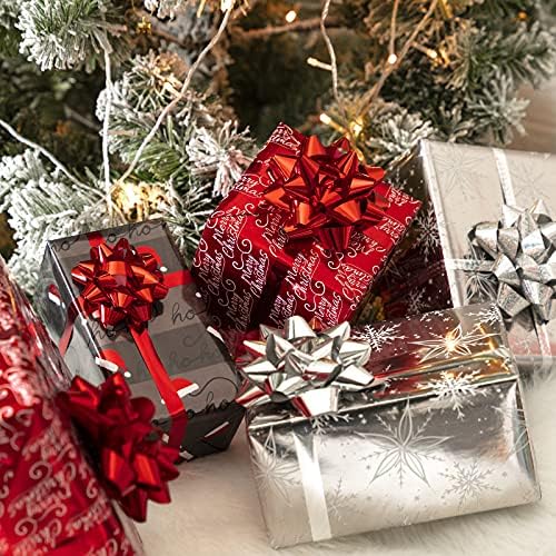 WRAPAHOLIC 30 Inch Christmas Wrapping Paper Roll - Jumbo Roll Black and Red Retro HO HO HO Santa, Silver Snowflake Holiday Collection with Metallic Foil Shine - 4 Rolls - 30 Inch x 120 Inch Per Roll