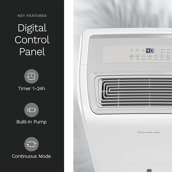 hOmeLabs Dehumidifier 6,000 Sq Ft Rooms (40 Pint MAX 104 Pint at 95°F, 90% RH) with Pump for Home, Office, Basements with Powerful Moisture Removal, Humidity Control, Auto Shut-off, Quiet Operation