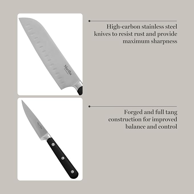 Martha Stewart Eastwalk 14 Piece High Carbon Stainless Steel Cutlery Knife Block Set w/ABS Triple Riveted Forged Handle Acacia Wood Block - Matte Black