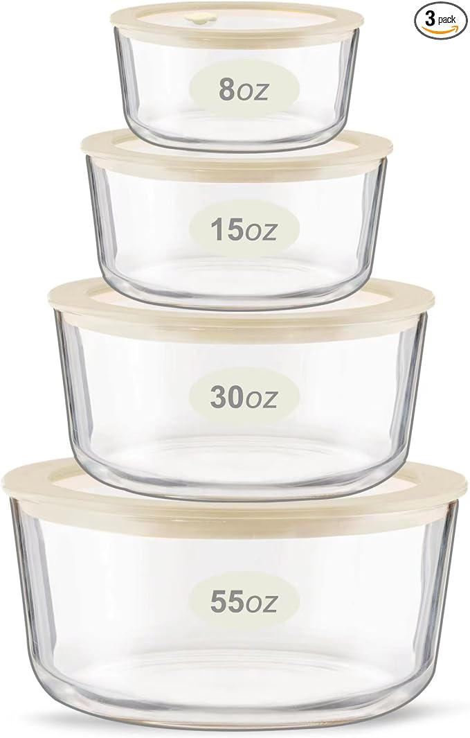 Glass Food Container Set with Glass Lid, 4 Pack, Meal Prep Containers with Silicone Framed Airtight Lid, Leakproof, 100% Plastic Free,