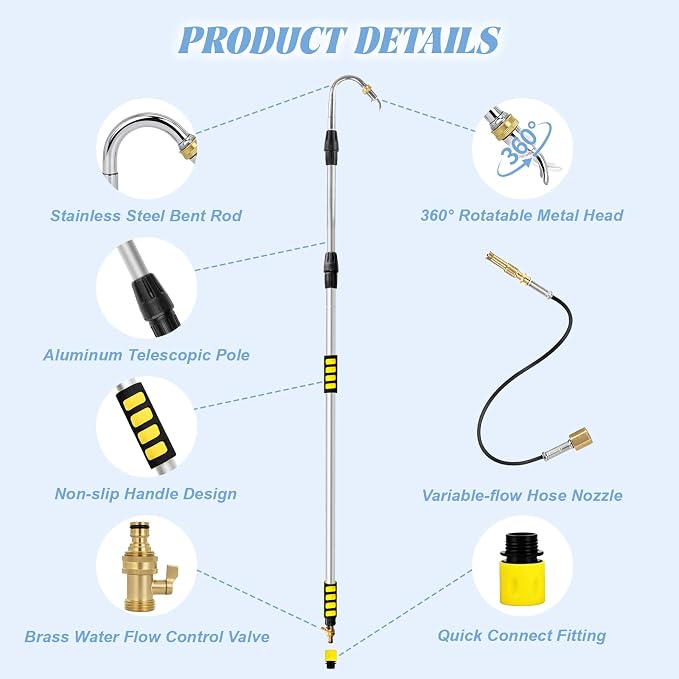 2-IN-1 20FT Reach Gutter Cleaning Tools, 12FT Telescoping Gutter Cleaning Tool with Bendable Wand & Curved Wand, 360° Rotating Nozzle, Adjustable Spray Patterns, Hose Attachment for Garden, Car Wash