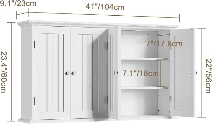 ChooChoo Bathroom Wall Cabinet with 4 Doors, Laundry Cabinet Wall Mounted, Medicine Cabinet with Adjustable Shelves, Hanging Kitchen Cupboard Organizer, White