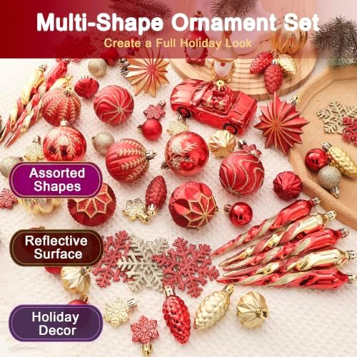 68PCS Christmas Tree Ornaments Set, Red and Gold Christmas Balls and Assorted Decorations, Shatterproof Hanging Ornaments with Hooks for Xmas Tree, Holiday Party Home Decor