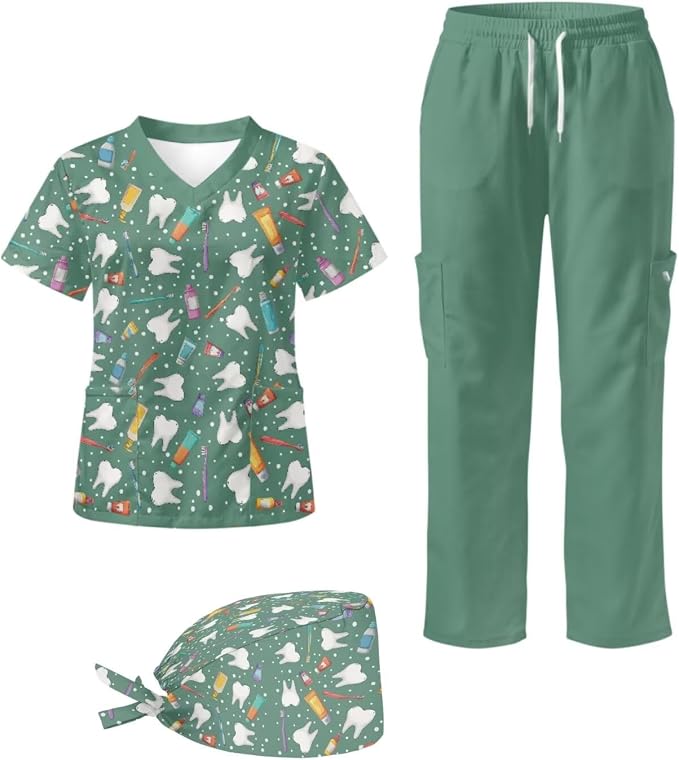 Gomyblomy Women's Scrubs Suit 3-Piece Set | Teeth Print V-Neck Top & Pants & Cap, Breathable and Stretch Fabric, S-5XL