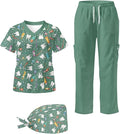 Gomyblomy Women's Scrubs Suit 3-Piece Set | Teeth Print V-Neck Top & Pants & Cap, Breathable and Stretch Fabric, S-5XL