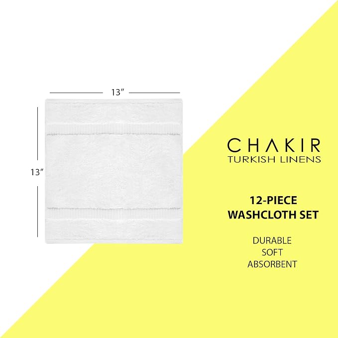 Chakir Turkish Linens | Hotel & Spa Quality 100% Cotton Premium Turkish Towels | Soft & Absorbent (12-Piece Washcloths, White)